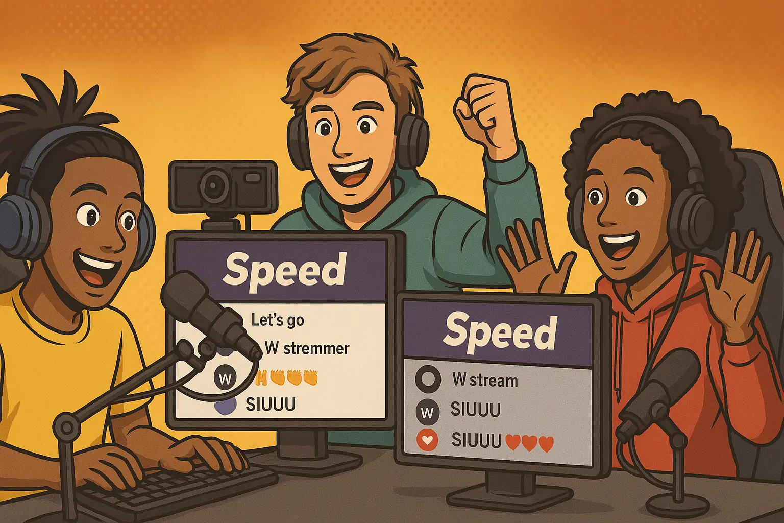 Illustration of young streamers influenced by IShowSpeed, streaming with chats spamming Siuuu