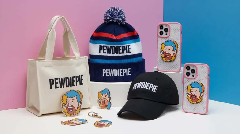 PewDiePie official merch accessories including hats, bags and phone cases